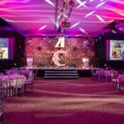 Professional AV rental setup with LED screens and stage lighting for a corporate event in Abu Dhabi.